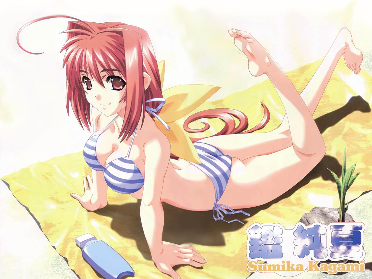 barefoot bikini bou butt_crack feet hands jpeg_artifacts kagami_sumika long_hair muvluv on_stomach ponytail red_hair redhead side-tie_bikini smile striped striped_bikini striped_swimsuit swimsuit towel wallpaper