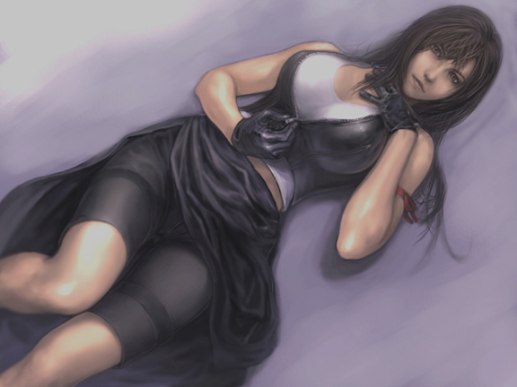 breasts cleavage final_fantasy final_fantasy_vii final_fantasy_vii_advent_children gloves jayun large_breasts lying ribbon shorts solo tifa_lockhart undressing unzipping