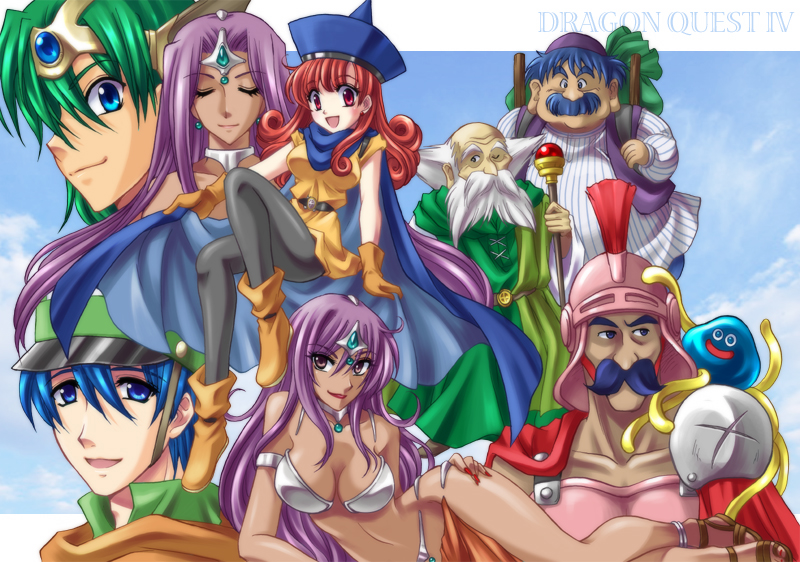 armor bikini breasts brey cape circlet cleavage clift closed_eyes dark_skin dragon_quest dragon_quest_iv dress everyone facial_hair fu-ka gloves hat helmet hero_(dq4) hoimi_slime hoimin jewelry long_hair manya minea mustache necklace open_mouth pantyhose purple_eyes purple_hair red_eyes red_hair redhead ryan_(dq4) smile staff swimsuit torneko violet_eyes