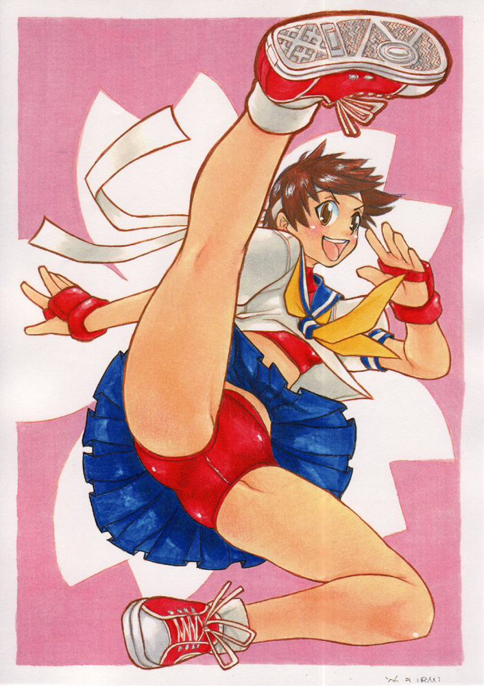 brown_hair buruma headband high_kick kasugano_sakura kick kicking rekka-uran sports_bra street_fighter upskirt