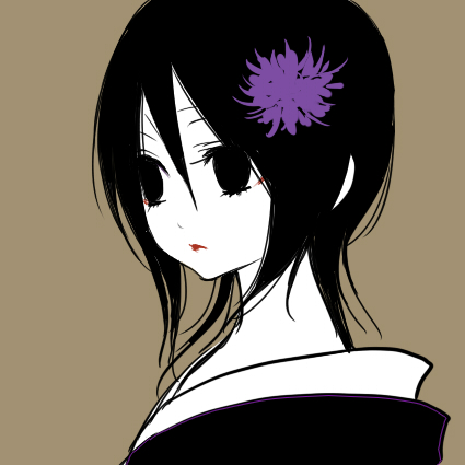 black_eyes black_hair brown_background flower hair_flower hair_ornament high_contrast kuchiki_rukia lipstick lowres monochrome sakurai_(f/l) short_hair simple_background solo spot_color