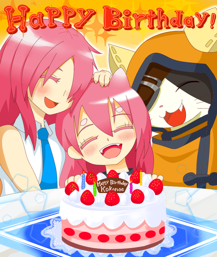 1boy 2girls animal_ears anniversary birthday birthday_cake blazblue cake candle cat cat_ears cat_hood closed_eyes english eyepatch fang food happy_birthday hood jubei_(blazblue) kokonoe konoe_a_mercury long_hair male multiple_girls necktie open_mouth pink_hair smile