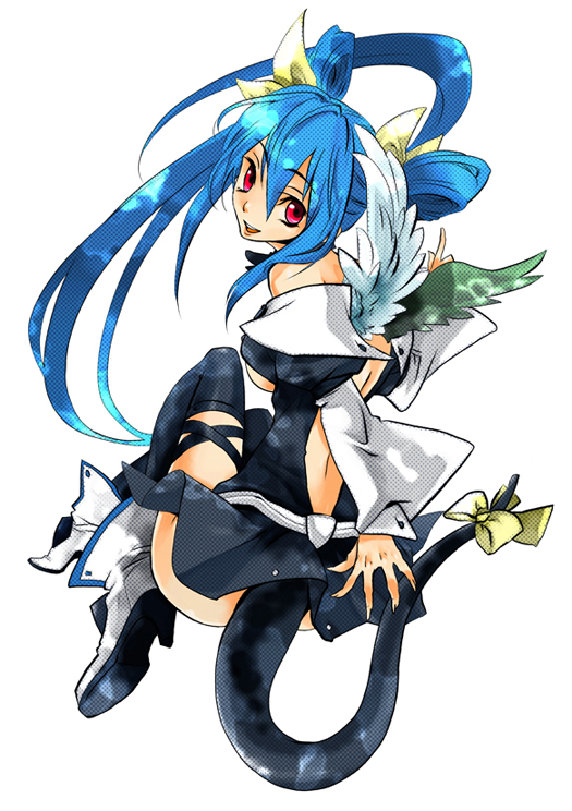 asymmetrical_wings bad_id blue_hair bow breasts dizzy guilty_gear hair_bow long_hair red_eyes ribbon tail tail_ribbon thigh-highs thighhighs under_boob underboob wings