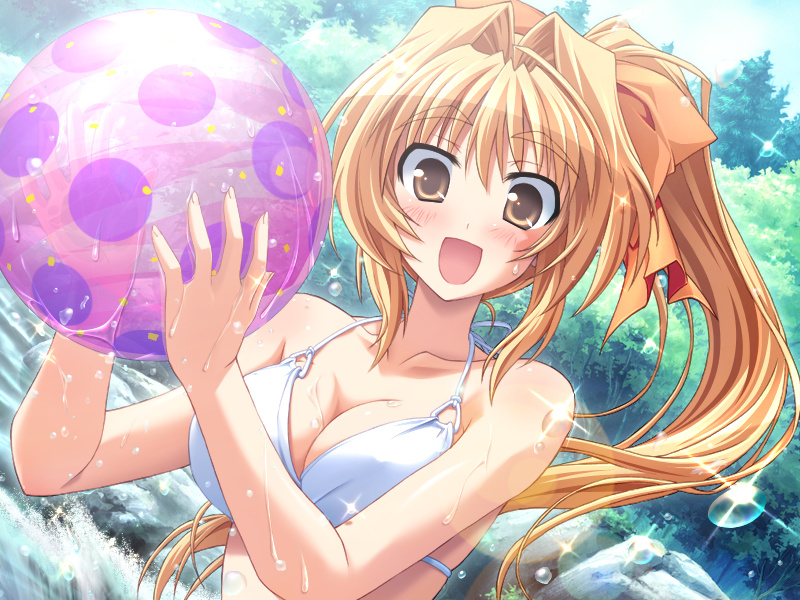 beachball bikini blonde_hair blush breasts brown_eyes cleavage dutch_angle hinata_mutsuki kinoshita_rumi long_hair open_mouth pia_carrot pia_carrot_e_youkoso!! ponytail river swimsuit wet