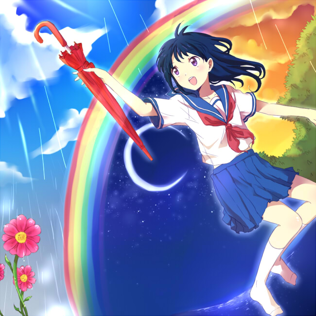 blue_hair blush cloud clouds flower legs long_hair night purple_eyes rain rainbow riru school_uniform skirt socks sunset umbrella violet_eyes