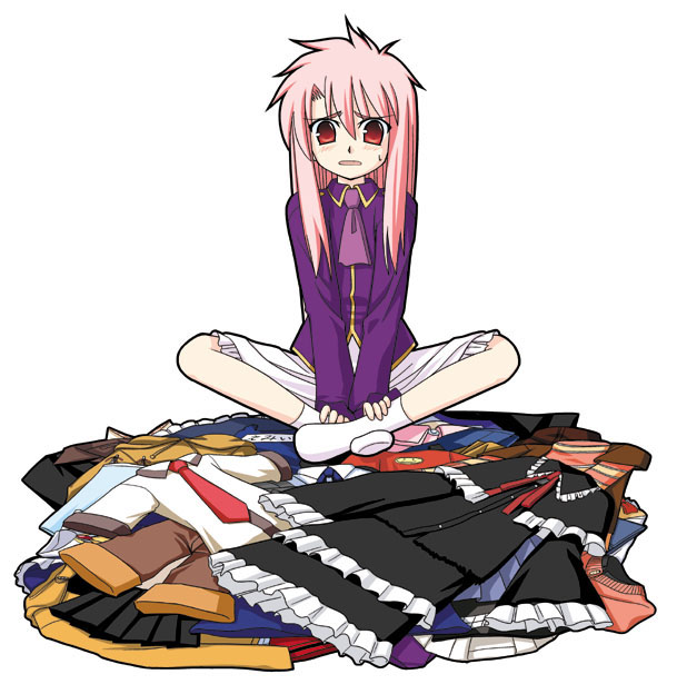 clothes_on_floor dress emilya_saga emiya_shirou fate/stay_night fate_(series) genderswap indian_style long_hair messy_hair necktie no_shoes personality_swap pink_hair red_eyes shirouko simple_background sitting skirt socks solo v_arms