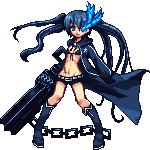 belt bikini_top black_hair black_rock_shooter black_rock_shooter_(character) blue_eyes boots chain flat_chest front-tie_top gloves glowing glowing_eyes hood jacket knee_boots long_hair lowres midriff niino pixel_art scar short_shorts shorts solo star transparent_background twintails uneven_twintails very_long_hair weapon zipper
