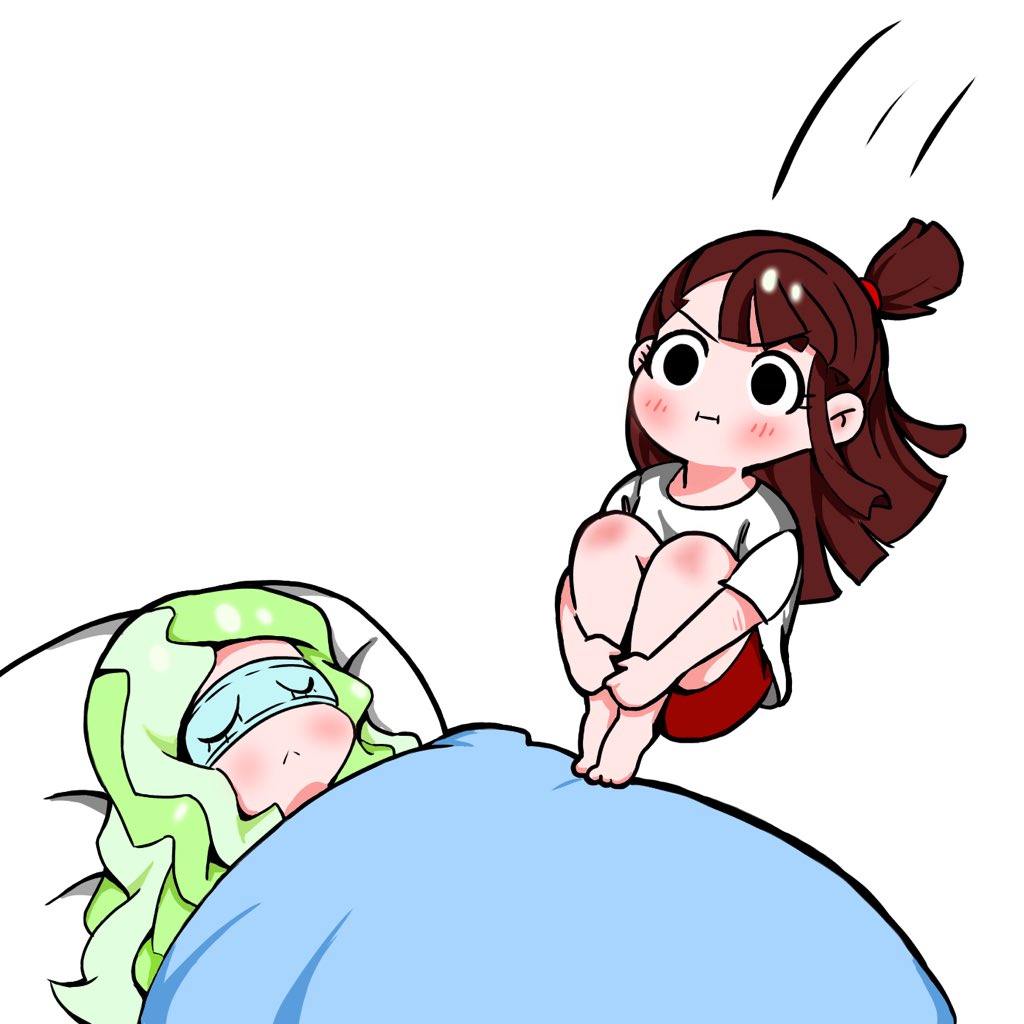 2girls :&lt; :i bed black_eyes blush boyshorts brown_hair chibi closed_mouth diana_cavendish green_hair jumping kagari_atsuko legs_together little_witch_academia long_hair motion_lines multiple_girls on_bed pillow red_shorts rey_2911 shirt short_sleeves shorts simple_background sleep_mask sleeping under_covers v-shaped_eyebrows white_background white_shirt