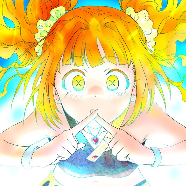 1girl bent_over cornpotage00 crop_top crossed_fingers floating_hair funny_logic heart heart_necklace idolmaster idolmaster_(classic) long_hair looking_at_viewer orange_hair takatsuki_yayoi twintails upper_body x_x yellow_eyes