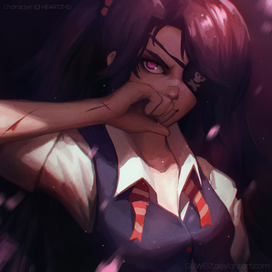 1girl bandaid bandaid_on_nose collared_shirt commission delinquent deviantart_username eyepatch guweiz injury long_hair one_eye_covered original purple_hair purple_vest shirt solo undone_neckerchief upper_body vest violet_eyes white_shirt wing_collar wiping_face