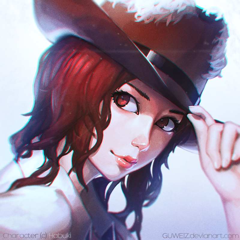 1girl collared_shirt commentary commission cowboy_hat deviantart_username face fingernails guweiz hand_on_headwear hat light_smile looking_at_viewer original portrait red_eyes red_lips redhead shirt short_hair solo watermark white_shirt wing_collar