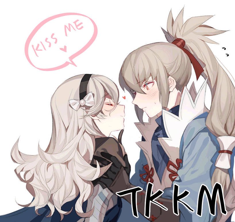 1boy 1girl armor female_my_unit_(fire_emblem_if) fire_emblem fire_emblem_if grey_hair hairband japanese_clothes long_hair my_unit_(fire_emblem_if) pointy_ears ponytail red_eyes takumi_(fire_emblem_if) zuizi