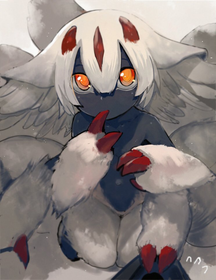 1girl animal_ears black_skin bright_pupils claws extra_arms faputa finger_in_mouth flying_sweatdrops hair_between_eyes kneeling looking_at_viewer made_in_abyss monster_girl orange_eyes paws pov short_hair solo_focus walzrj white_hair