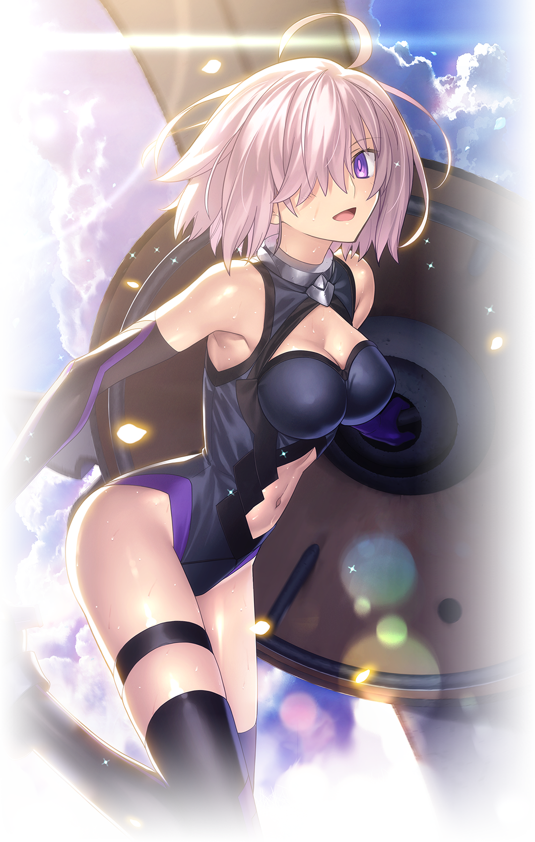 1girl armor armored_boots black_legwear boots breasts cleavage clouds cloudy_sky fate/grand_order fate_(series) hair_over_one_eye highres lens_flare looking_at_viewer mash_kyrielight navel official_art open_mouth pink_hair shield short_hair sky smile solo takeuchi_takashi thigh-highs violet_eyes