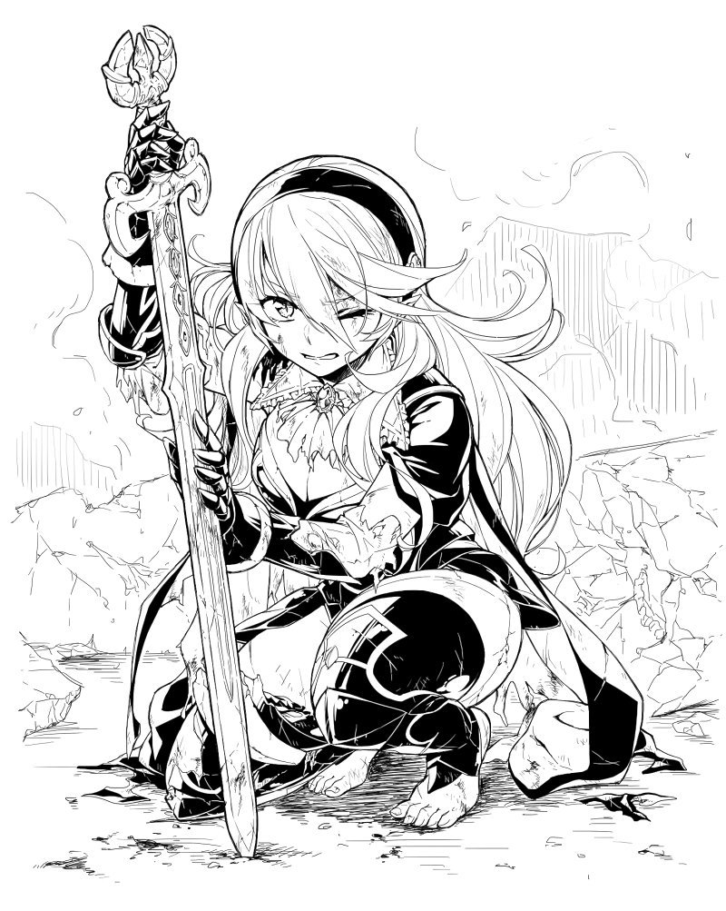 1girl armor breastplate brooch cape female_my_unit_(fire_emblem_if) fire_emblem fire_emblem_if greyscale hiyori_(rindou66) holding holding_sword holding_weapon jewelry kneeling monochrome my_unit_(fire_emblem_if) pauldrons pointy_ears solo sword thigh-highs weapon white_hair