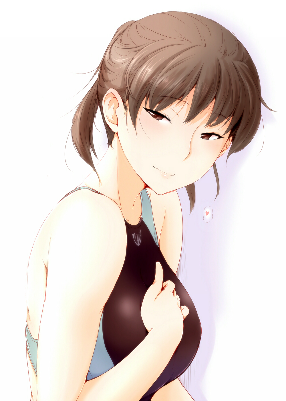 1girl amagami bangs black_eyes black_hair closed_mouth competition_swimsuit eyebrows_visible_through_hair from_side heart highres light_smile looking_at_viewer one-piece_swimsuit portrait sasaki_akira_(ugc) short_hair short_ponytail solo spoken_heart swimsuit tsukahara_hibiki