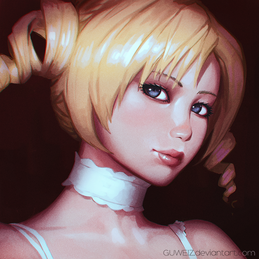 1girl bangs bare_shoulders blonde_hair blue_eyes catherine catherine_(game) choker deviantart_username drill_hair eyebrows_visible_through_hair guweiz lips looking_at_viewer pink_lips portrait smile solo white_choker