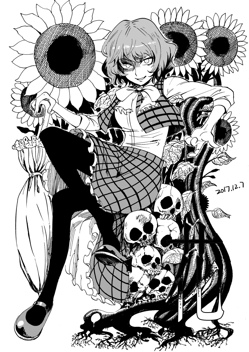 1girl arm_rest beckoning blackcat_(pixiv) bow bowtie closed_umbrella constricted_pupils evil_smile flower full_body greyscale highres kazami_yuuka long_sleeves looking_at_viewer mary_janes monochrome open_clothes open_vest pantyhose parasol plaid plaid_skirt plaid_vest shaded_face shirt shoes short_hair simple_background sitting skirt skirt_set skull smile solo sunflower touhou umbrella vest white_background