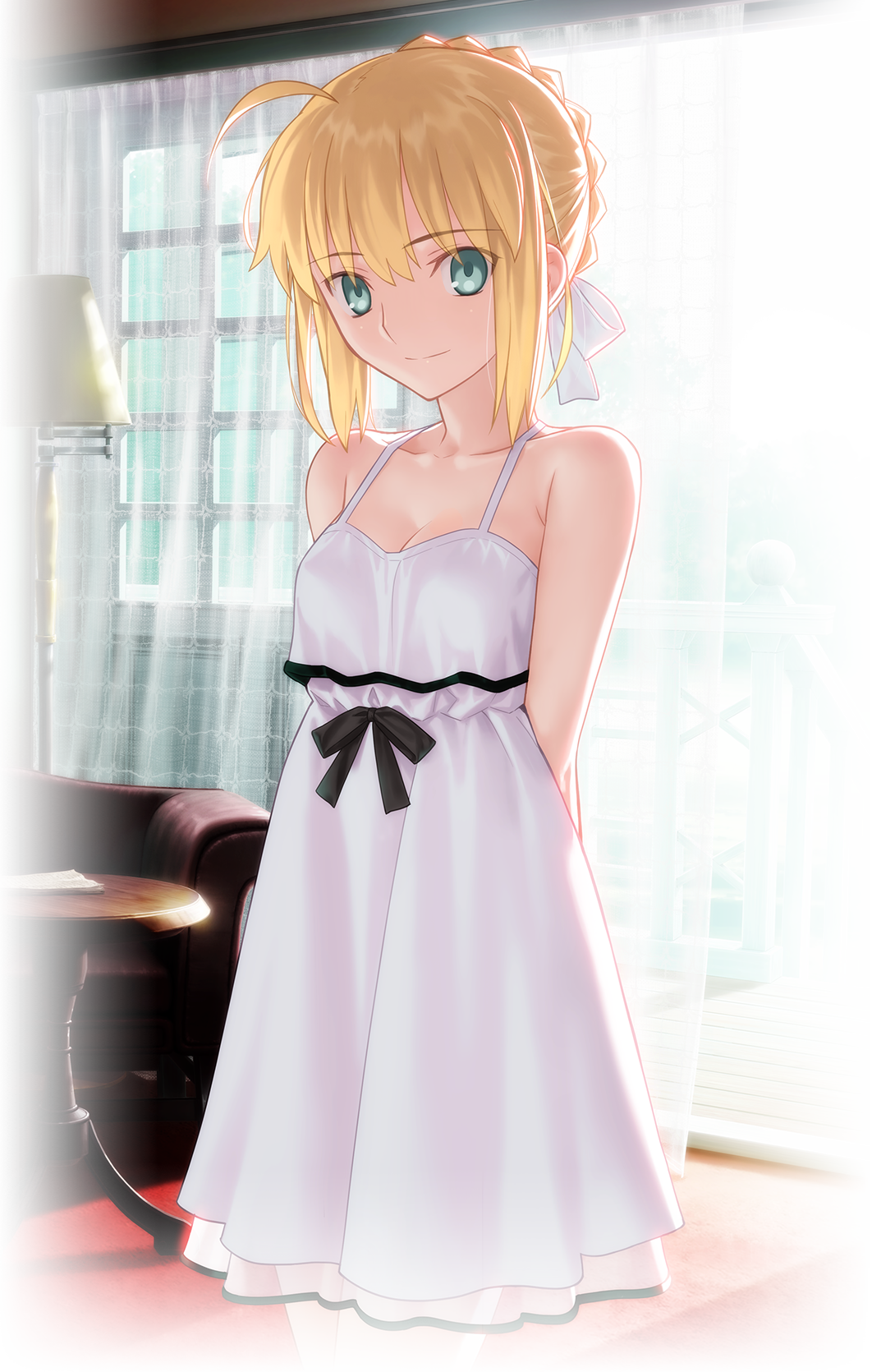 1girl ahoge arms_behind_back artoria_pendragon_(all) blonde_hair bow braid breasts cleavage curtains dress fate/grand_order fate/stay_night fate_(series) green_eyes hair_bow highres lamp light_smile looking_at_viewer official_art saber sleeveless sleeveless_dress small_breasts smile solo sundress takeuchi_takashi weapon white_dress window