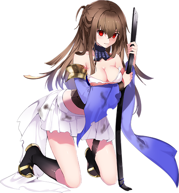1girl bare_shoulders bow_(weapon) breasts broken broken_weapon brown_hair cleavage empty_eyes full_body holding holding_bow_(weapon) holding_weapon large_breasts long_hair nagato_shizuki_(oshiro_project) official_art oshiro_project oshiro_project_re pleated_skirt red_eyes skirt tearing_up torn_clothes transparent_background weapon white_skirt