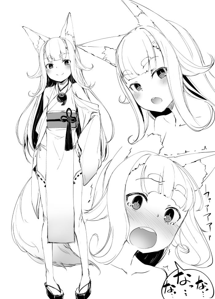 1girl animal_ears bangs bare_shoulders blunt_bangs blush closed_mouth expressions eyebrows_visible_through_hair fox_ears fox_tail geta greyscale japanese_clothes kimono long_hair long_sleeves looking_at_viewer monochrome obi open_mouth original panties pelvic_curtain pigeon-toed platform_footwear sash short_eyebrows side-tie_panties slit_pupils solo soropippub standing tail tears thick_eyebrows thigh-highs underwear wide-eyed wide_sleeves