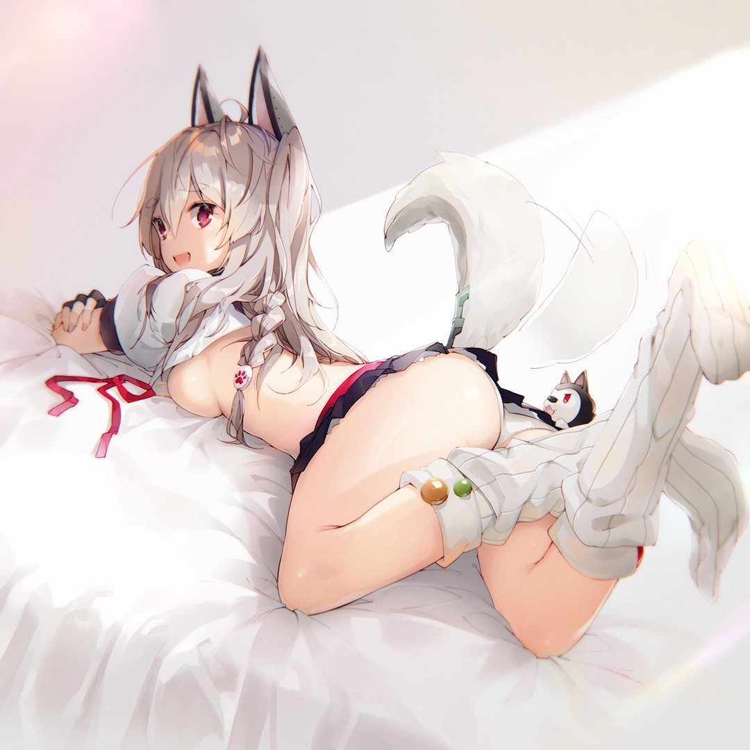 1girl animal_ears ass azur_lane black_skirt braid breasts dog_ears dog_tail fingernails legs legs_up long_hair looking_at_viewer looking_back lying medium_breasts miniskirt on_bed on_stomach panties pleated_skirt red_eyes silver_hair skirt smile socks solo tagme tail tail_wagging under_boob underwear white_hair white_legwear white_panties yatsuha_(hachiyoh) yuudachi_(azur_lane)