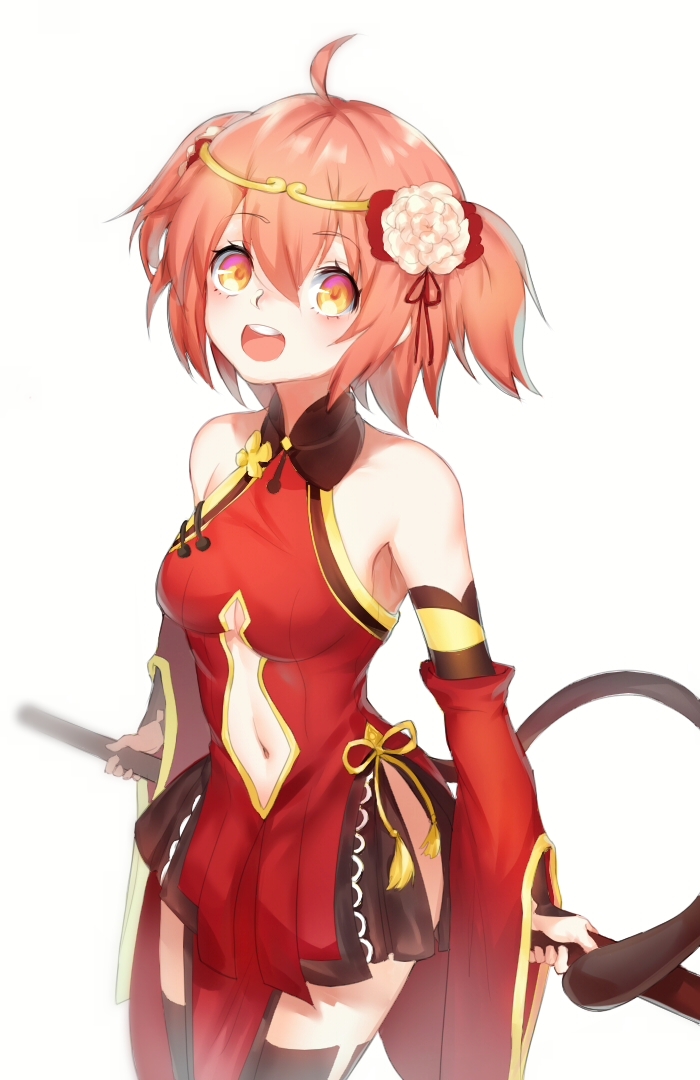 1girl black_legwear breasts cleavage detached_sleeves fate/grand_order fate_(series) flower fujimaru_ritsuka_(female) hair_between_eyes hair_flower hair_ornament monkey_tail navel navel_cutout orange_eyes orange_hair short_hair side_ponytail side_slit smile solo staff tail thigh-highs thighs under_boob underboob_cutout white_background wide_sleeves