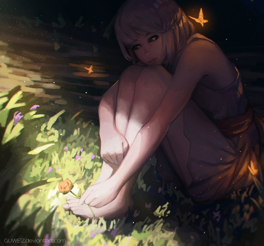 1girl bangs bare_arms bare_shoulders barefoot brown_hair butterfly closed_mouth commission deviantart_username dress flower grass guweiz legs_together light_particles original purple_dress red_eyes sash shade short_dress short_hair sitting solo