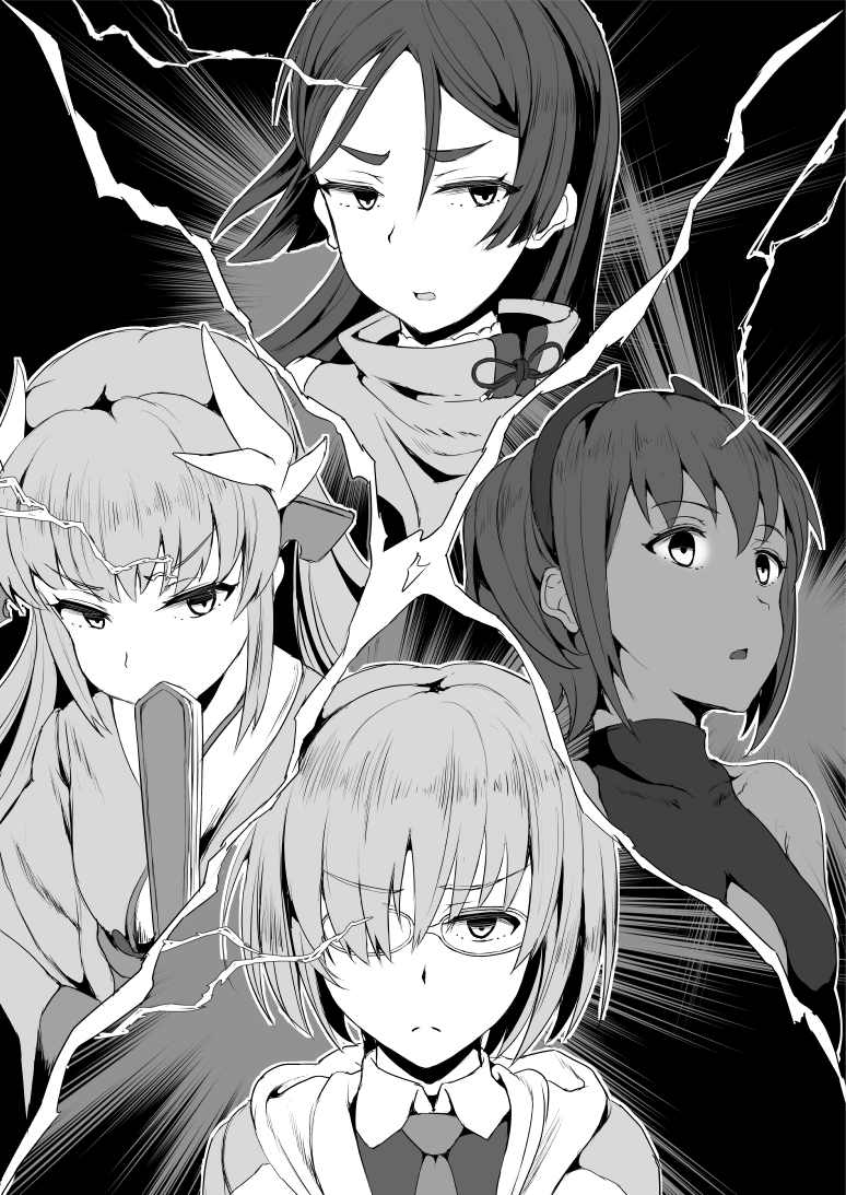 4girls assassin_(fate/prototype_fragments) bangs bare_shoulders black_dress black_hairband center_opening dark_skin dragon_girl dragon_horns dress eyebrows_visible_through_hair fan fate/grand_order fate/prototype fate/prototype:_fragments_of_blue_and_silver fate_(series) glasses hair_over_one_eye hairband horns jacket japanese_clothes kiyohime_(fate/grand_order) long_hair mash_kyrielight mask mask_removed minamoto_no_raikou_(fate/grand_order) monochrome multiple_girls necktie oumi_(rsag) parted_bangs sash short_hair very_long_hair