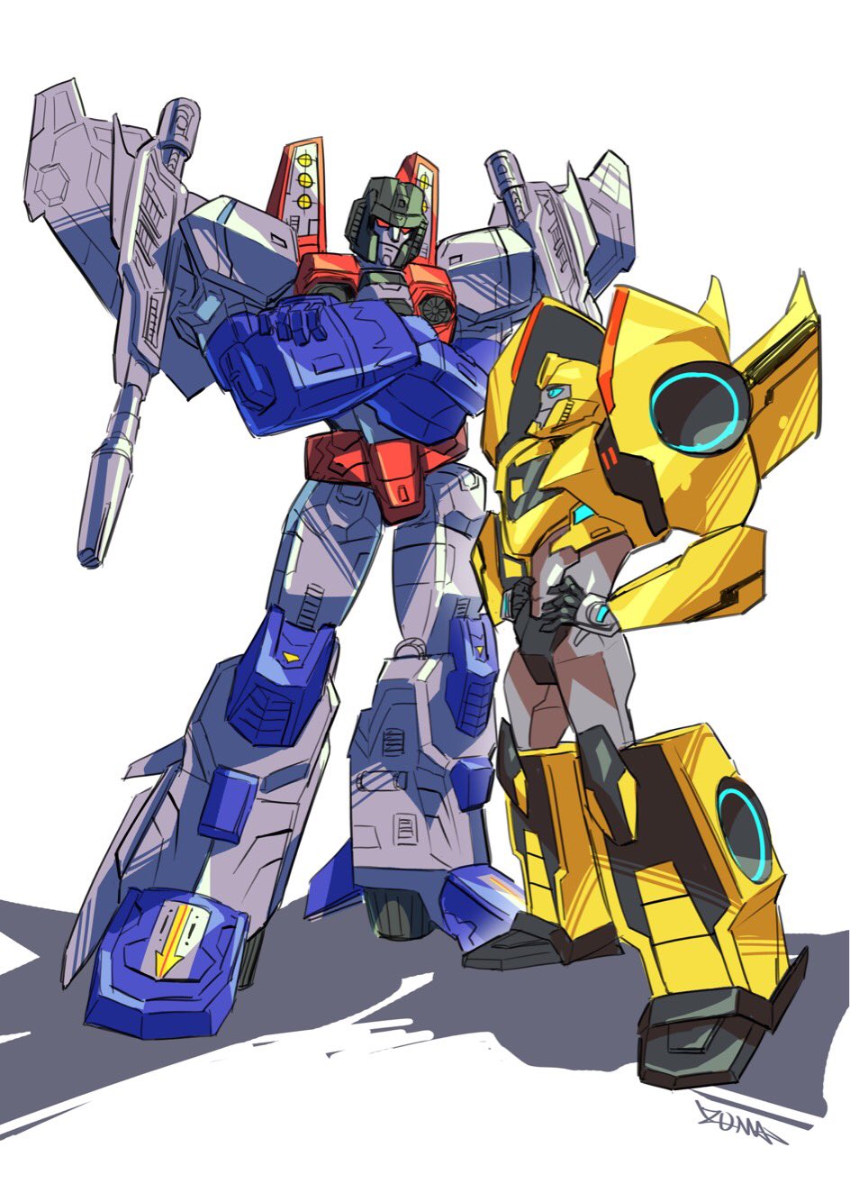 2boys 80s arm_cannon artist_request autobot blue_eyes bumblebee cannon closed_mouth decepticon frown full_body highres multiple_boys no_humans oldschool red_eyes shadow simple_background standing starscream transformers weapon white_background