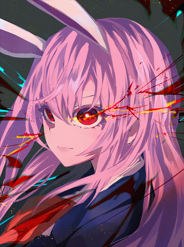 1girl animal_ears blazer closed_mouth expressionless glowing glowing_eyes jacket lips long_hair purple_hair rabbit_ears red_eyes red_neckwear reisen_udongein_inaba simple_background solo touhou uni_(bom19850101) upper_body very_long_hair