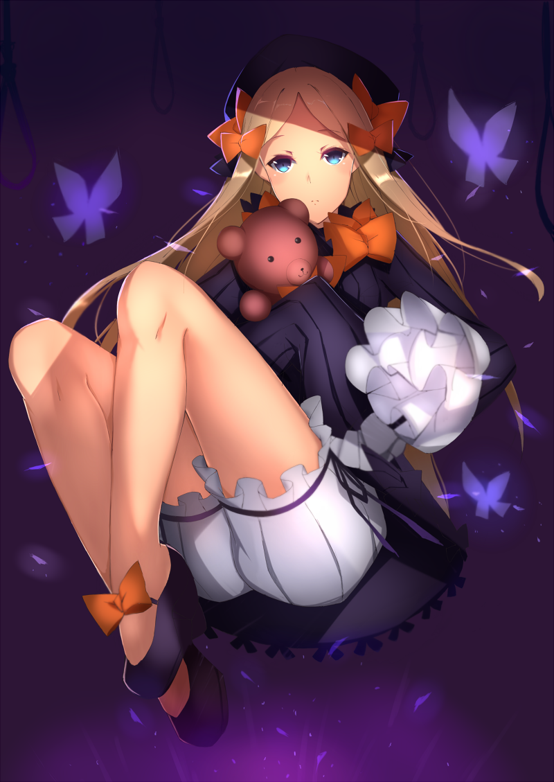 1girl abigail_williams_(fate/grand_order) bangs black_bow black_dress black_hat blonde_hair bloomers blue_eyes blush bow butterfly closed_mouth commentary_request dress eyebrows_visible_through_hair fate/grand_order fate_(series) hair_bow hands_in_sleeves hat long_hair long_sleeves looking_at_viewer object_hug orange_bow parted_bangs polka_dot polka_dot_bow purple_background saisarisu simple_background solo stuffed_animal stuffed_toy teddy_bear underwear very_long_hair white_bloomers