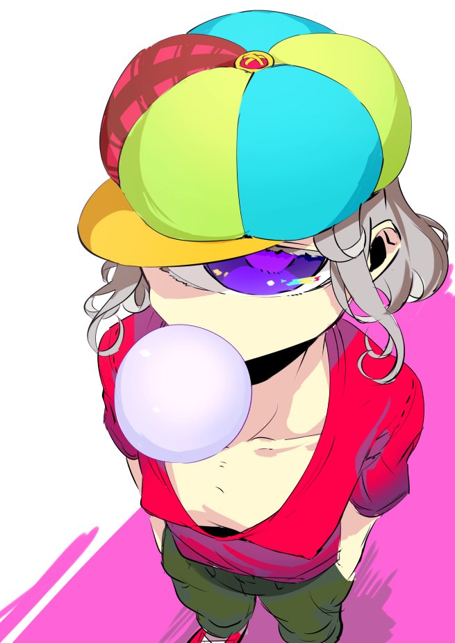 1girl breasts bubble_blowing chewing_gum cyclops erect_nipples from_above green_pants hands_in_pockets hat looking_at_viewer looking_up no_bra one-eyed original pants red_shirt shirt shoes short_hair silver_hair small_breasts solo soropippub standing violet_eyes