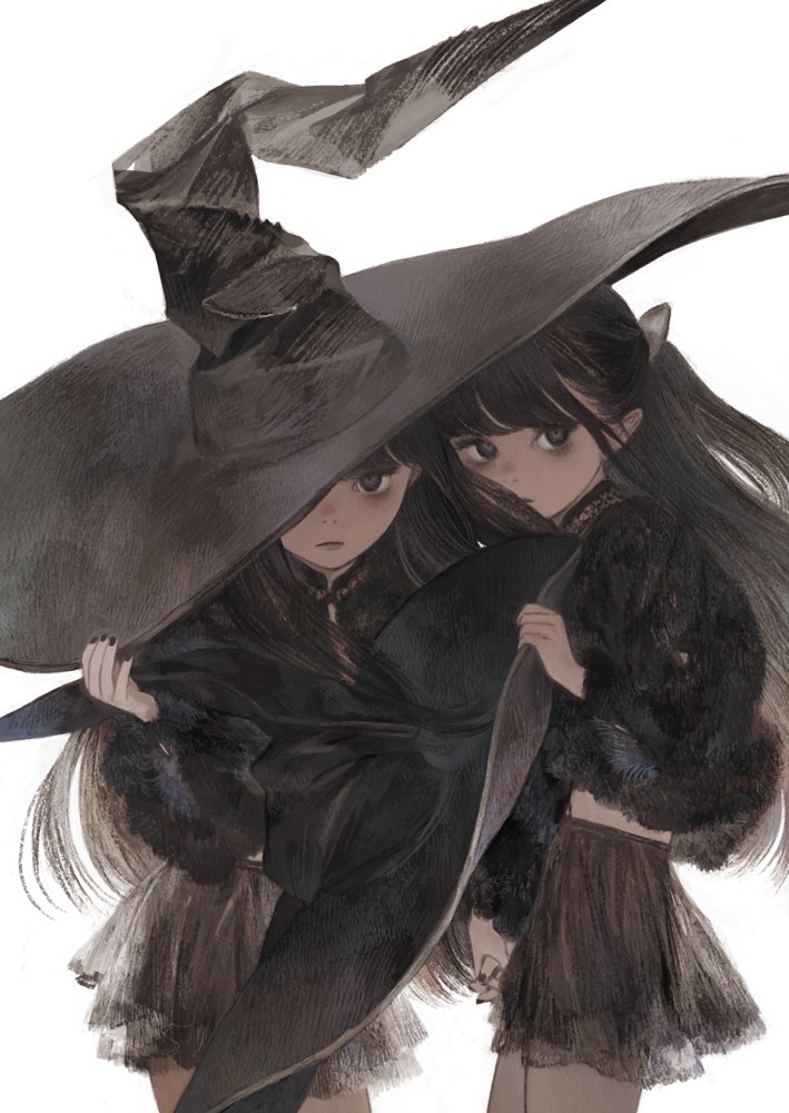 2girls adjusting_clothes adjusting_hat black_coat black_eyes black_hair black_hat black_nails black_skirt fingernails fur_coat hand_holding hat layered_skirt long_sleeves looking_at_viewer looking_to_the_side midriff multiple_girls nail_polish original see-through simple_background skirt white_background witch_hat