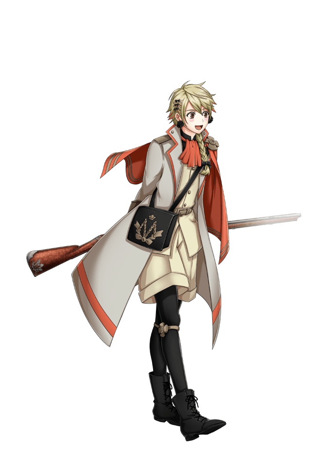 1boy :d antique_firearm arms_behind_back black_footwear blonde_hair boots bow braid brown_eyes capelet cravat cross-laced_footwear earrings firearm flower_earrings full_body gun hair_bow hair_ornament holding holding_gun holding_weapon jewelry kinoshita_sakura lace-up_boots long_coat margarita_(senjuushi) military military_uniform official_art open_mouth senjuushi:_the_thousand_noble_musketeers single_braid smile solo tachi-e transparent_background trap uniform weapon