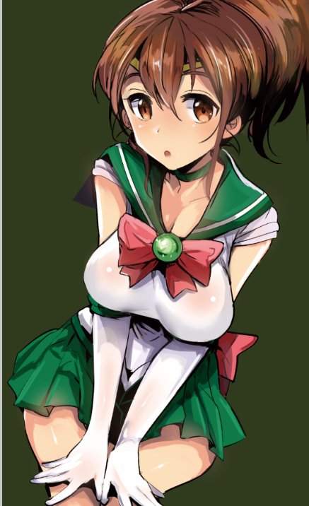 1girl bangs bishoujo_senshi_sailor_moon bow bowtie breasts brooch brown_background brown_eyes brown_hair choker cleavage commentary cosplay elbow_gloves girls_und_panzer gloves green_choker green_sailor_collar green_skirt invisible_chair jewelry koyama_yuzu looking_at_viewer medium_breasts miniskirt nakasone_haiji parted_lips pink_neckwear pleated_skirt ponytail sailor_collar sailor_jupiter sailor_jupiter_(cosplay) sailor_senshi_uniform short_hair short_ponytail short_sleeves simple_background sitting skirt solo tiara v_arms white_gloves