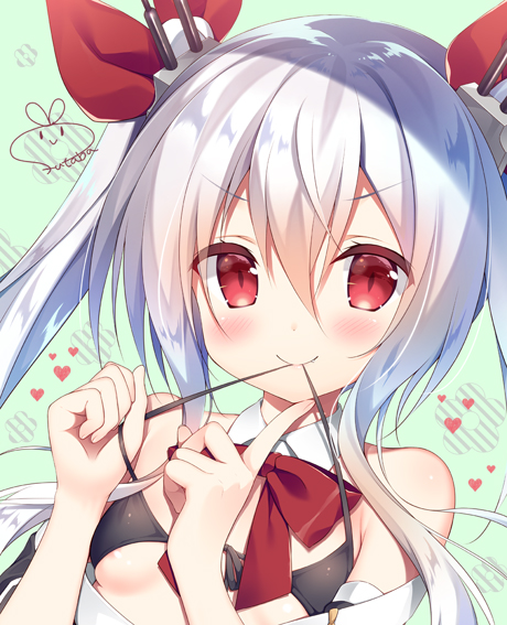 1girl azur_lane bangs bikini_top black_bikini_top closed_mouth commentary_request eyebrows_visible_through_hair front-tie_bikini front-tie_top futaba_miwa hair_between_eyes hair_ribbon head_tilt heart looking_at_viewer mouth_hold red_eyes red_ribbon ribbon signature silver_hair smile solo v-shaped_eyebrows vampire_(azur_lane)