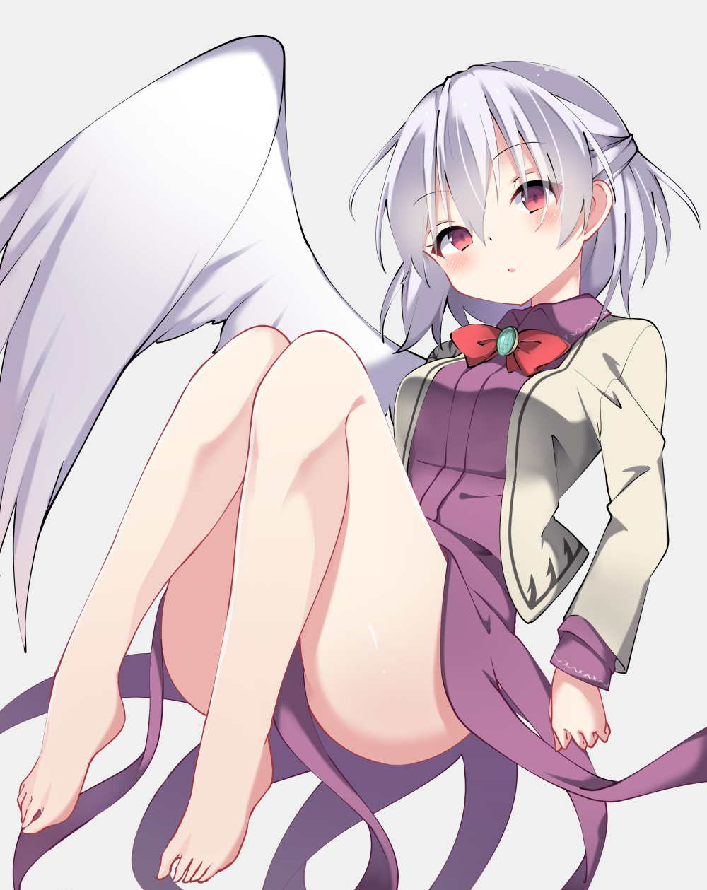 1girl amashi_(qcmrq906) bare_legs barefoot bow bowtie braid brooch eyebrows_visible_through_hair feathered_wings highres jacket jewelry kishin_sagume legs long_sleeves looking_at_viewer open_clothes open_jacket purple_skirt red_eyes red_neckwear silver_hair simple_background single_wing skirt skirt_set solo thighs touhou white_wings wings