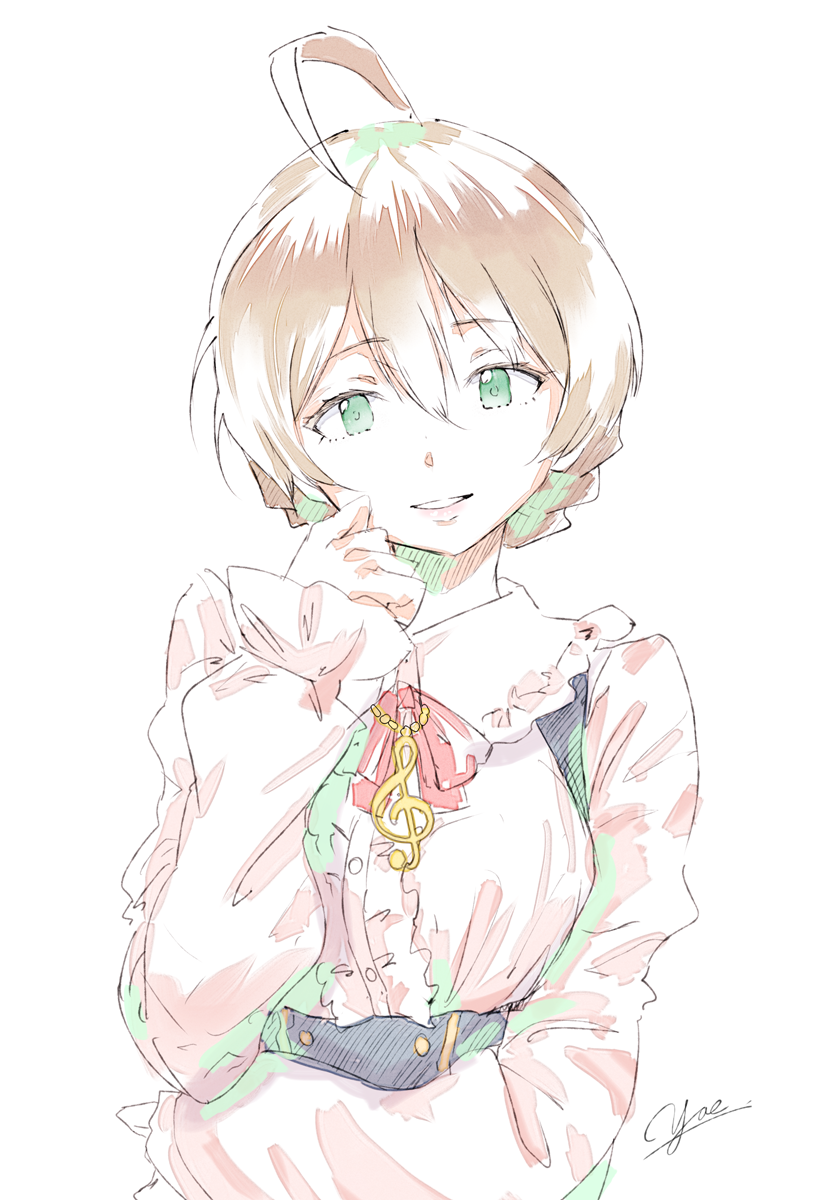 1girl ahoge artist_name bangs braid eyebrows_visible_through_hair frilled_sleeves frills green_eyes hand_on_own_face highres idolmaster idolmaster_million_live! jewelry light_brown_hair long_sleeves looking_at_viewer necklace parted_lips sakuramori_kaori short_hair signature simple_background sketch smile solo standing tied_hair treble_clef twin_braids upper_body white_background yae_(mono110)