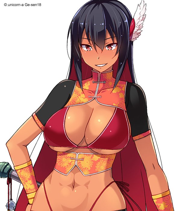 1girl abs astroguy2 bikini black_hair bracer breasts china_dress chinese_clothes dress eyebrows_visible_through_hair hand_on_hip highleg highleg_bikini large_breasts long_hair multicolored_hair navel original red_bikini red_eyes redhead short_sleeves side-tie_bikini simple_background smile solo swimsuit toned two-tone_hair underbust very_long_hair white_background