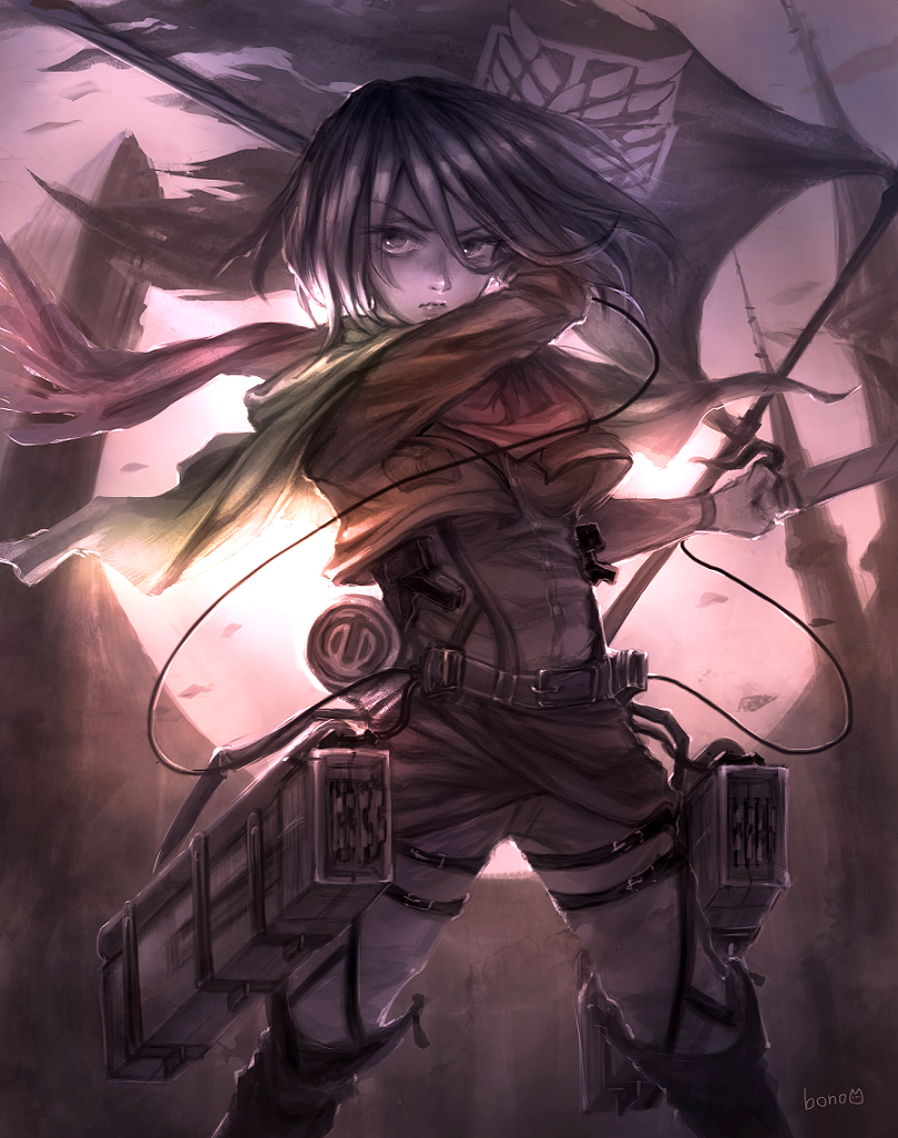 1girl belt black_eyes black_hair bono_(bonobo0088) dual_wielding eyes_visible_through_hair flag frown jacket mikasa_ackerman red_scarf scarf serious shingeki_no_kyojin short_hair solo steeple sword thigh_strap three-dimensional_maneuver_gear weapon