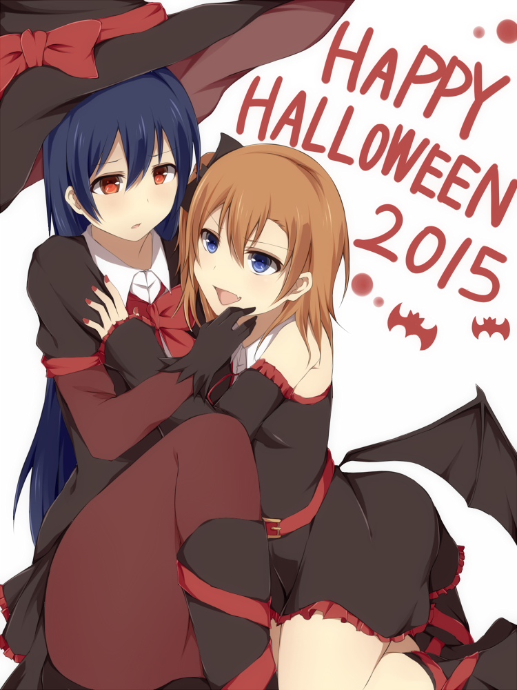 2girls bangs bat_wings belt black_gloves blue_eyes blue_hair commentary_request dated fang gloves hair_between_eyes halloween halloween_costume hand_on_another's_chin hat jewelry kousaka_honoka long_hair looking_at_another love_live! love_live!_school_idol_project multiple_girls nail_polish naoto_(96neko96) necklace one_side_up open_mouth orange_hair pantyhose red_eyes red_legwear red_nails red_neckwear ribbon short_hair simple_background sitting sonoda_umi text white_background wings witch_hat