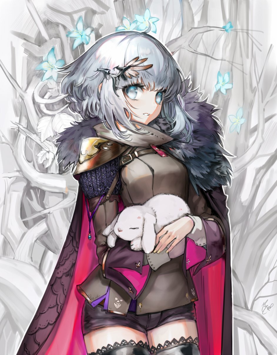 1girl animal armor bangs black_legwear blue_eyes blue_hair brown_jacket brown_shorts cape copyright_request cowboy_shot hair_ornament highres holding holding_animal jacket long_sleeves looking_at_viewer mins_(minevi) parted_lips rabbit short_hair short_shorts shorts solo thigh-highs thorns