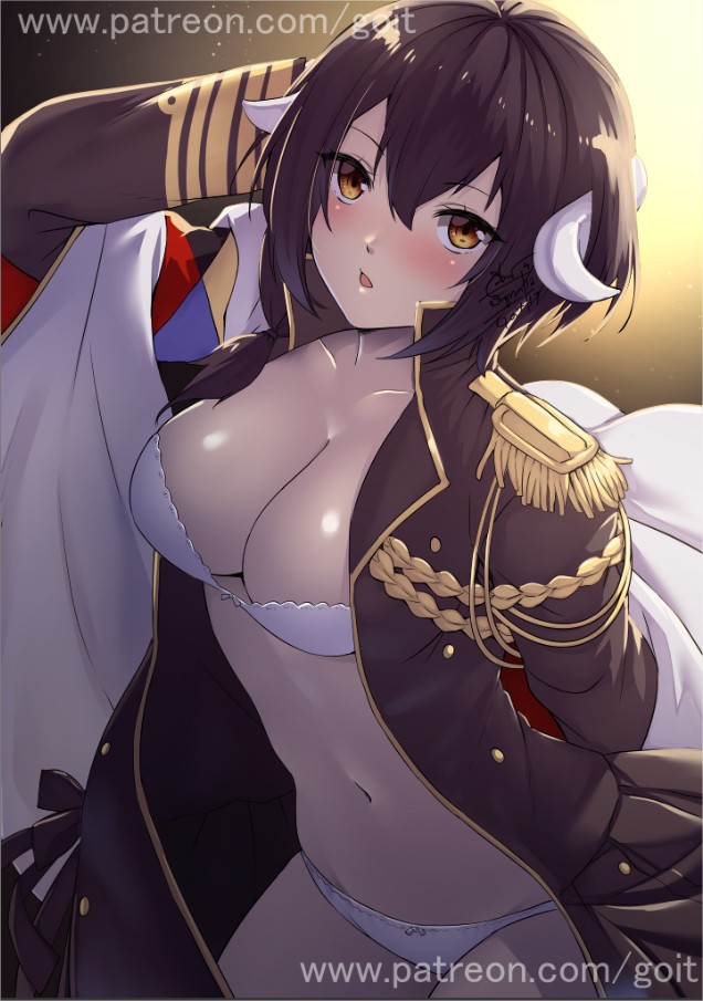 1girl azur_lane black_hair blush bra breasts cleavage dated go-it horns medium_breasts mikasa_(azur_lane) navel open_clothes open_mouth panties patreon_username short_hair signature solo underwear watermark web_address white_bra white_panties