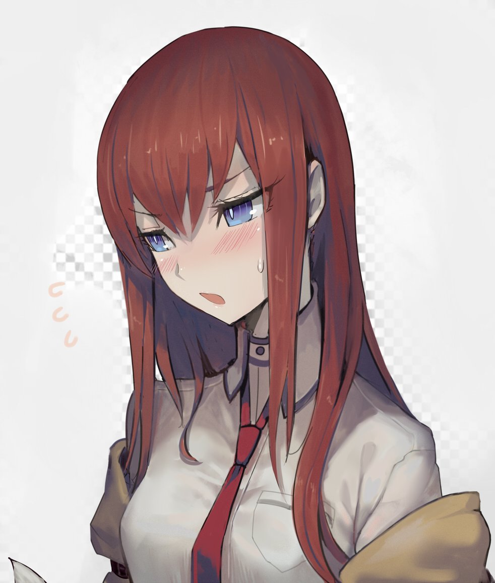 1girl blue_eyes blush bright_pupils brown_jacket collared_shirt eyes_visible_through_hair flying_sweatdrops grey_background hair_between_eyes jacket long_hair looking_away makise_kurisu necktie off_shoulder parted_lips red_neckwear redhead ringed_eyes shirt solo steins;gate sweatdrop upper_body walzrj white_shirt wing_collar