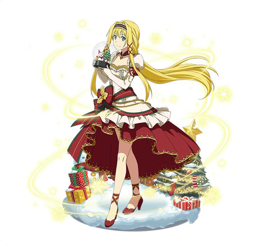 1girl alice_schuberg ankle_ribbon blonde_hair blue_eyes box breasts christmas_tree cleavage dress elbow_gloves floating_hair full_body gift gift_box gloves hair_ribbon headdress high_heels holding long_dress long_hair looking_at_viewer medium_breasts red_footwear red_ribbon ribbon simple_background smile solo standing sword_art_online very_long_hair white_background white_gloves