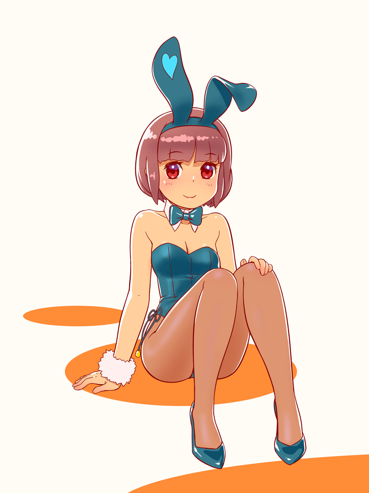 1girl animal_ears bangs blue_leotard blue_neckwear blunt_bangs bow bowtie brown_hair brown_legwear bunnysuit detached_collar fukusuke_hachi-gou full_body leotard looking_at_viewer original pantyhose rabbit_ears red_eyes scrunchie short_hair sitting smile solo strapless strapless_leotard white_background