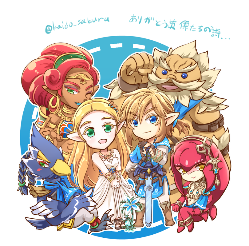 blonde_hair chibi dark_skin fins fish_girl gerudo goron green_eyes kaidou_mitsuki link mipha monster_girl multicolored multicolored_skin no_eyebrows pointy_ears princess_zelda red_skin smile sword the_legend_of_zelda the_legend_of_zelda:_breath_of_the_wild thick_eyebrows tunic weapon zora