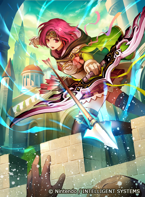 1girl arrow bow_(weapon) brick_wall capelet castle commentary company_name copyright_name day fire_emblem fire_emblem:_seima_no_kouseki fire_emblem_cipher gloves glowing headband holding holding_bow_(weapon) holding_weapon hood hood_down konfuzikokon looking_at_viewer neimi official_art open_mouth outdoors pink_eyes pink_hair pleated_skirt quiver short_hair skirt thigh-highs weapon zettai_ryouiki