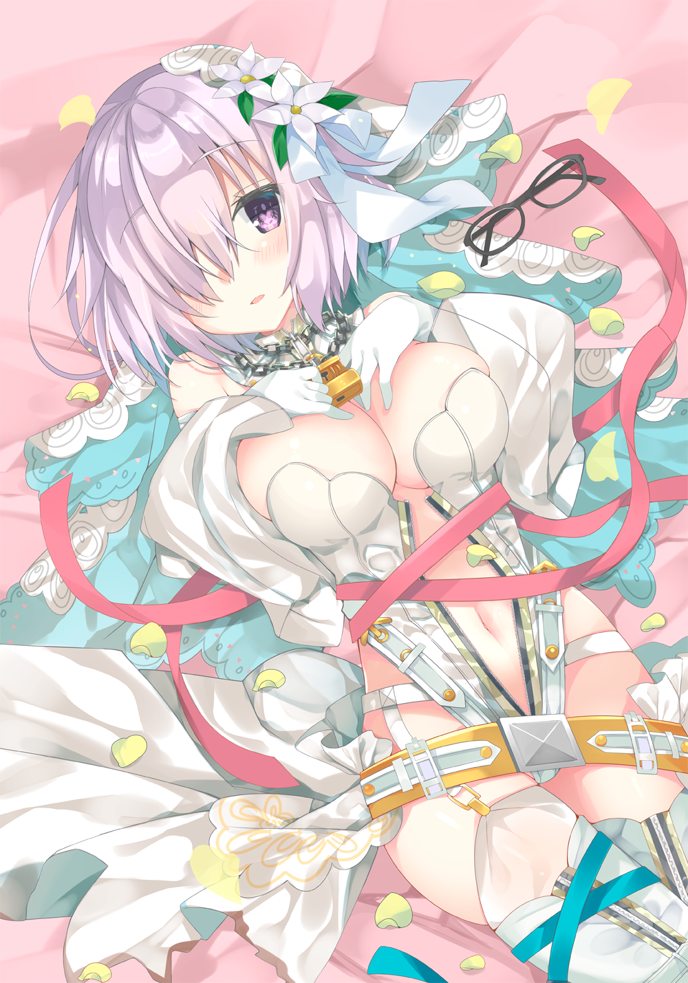 1girl bed_sheet black-framed_eyewear blue_ribbon blue_wings blush breasts center_opening chains commentary_request cosplay detached_collar eyewear_removed fairy_wings fate/grand_order fate_(series) flower garter_straps glasses gloves hair_flower hair_ornament hair_over_one_eye hair_ribbon hands_on_own_chest highleg highleg_leotard highres large_breasts leotard lock long_sleeves looking_at_viewer lying mash_kyrielight navel nero_claudius_(bride)_(fate) nero_claudius_(bride)_(fate)_(cosplay) nero_claudius_(fate)_(all) on_back padlock parted_lips pink_hair ribbon satsuki_mayuri smile solo strapless strapless_leotard thigh-highs unzipped violet_eyes white_gloves white_legwear white_leotard wings
